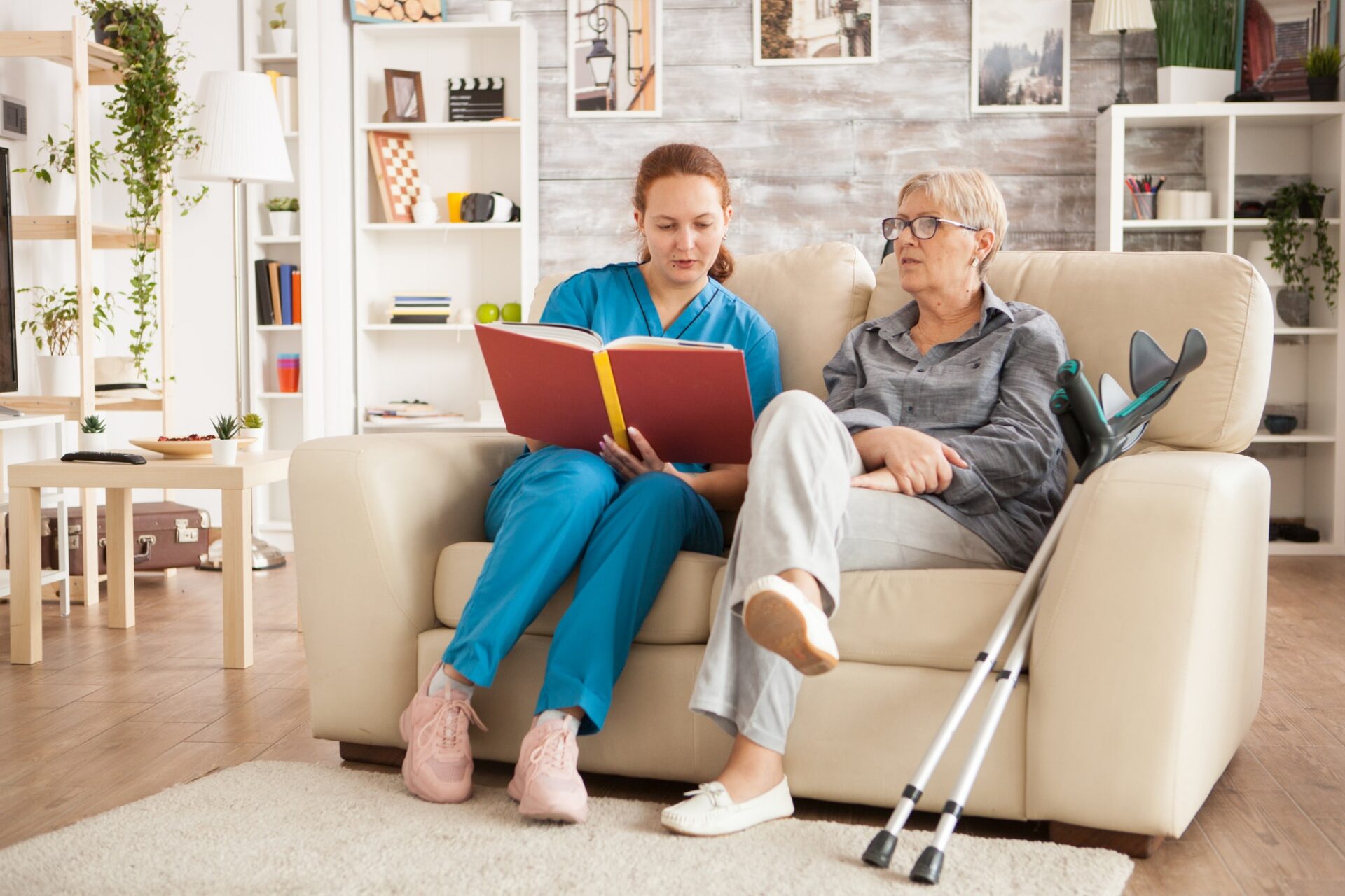 Nurse woman reading a book on nursing home